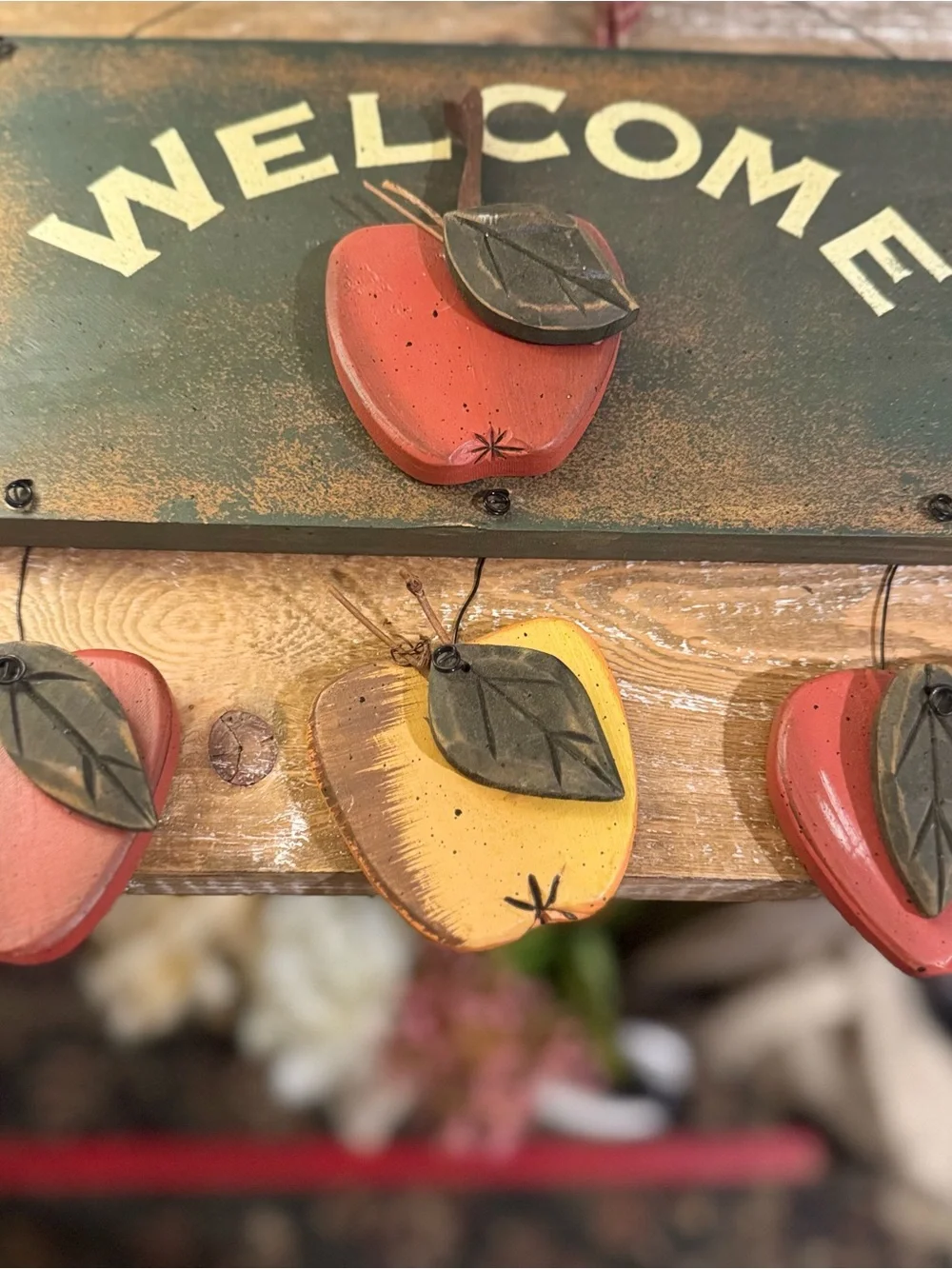 Vtg 90s Style Wooden Apple Welcome Sign Decor Country Ribbon Cottagecore